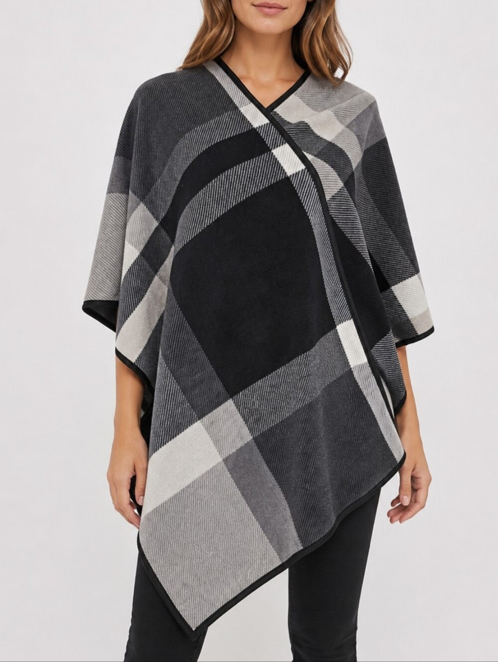 Ike Behar Gray and Black Plaid Open Front Cardigan Wrap